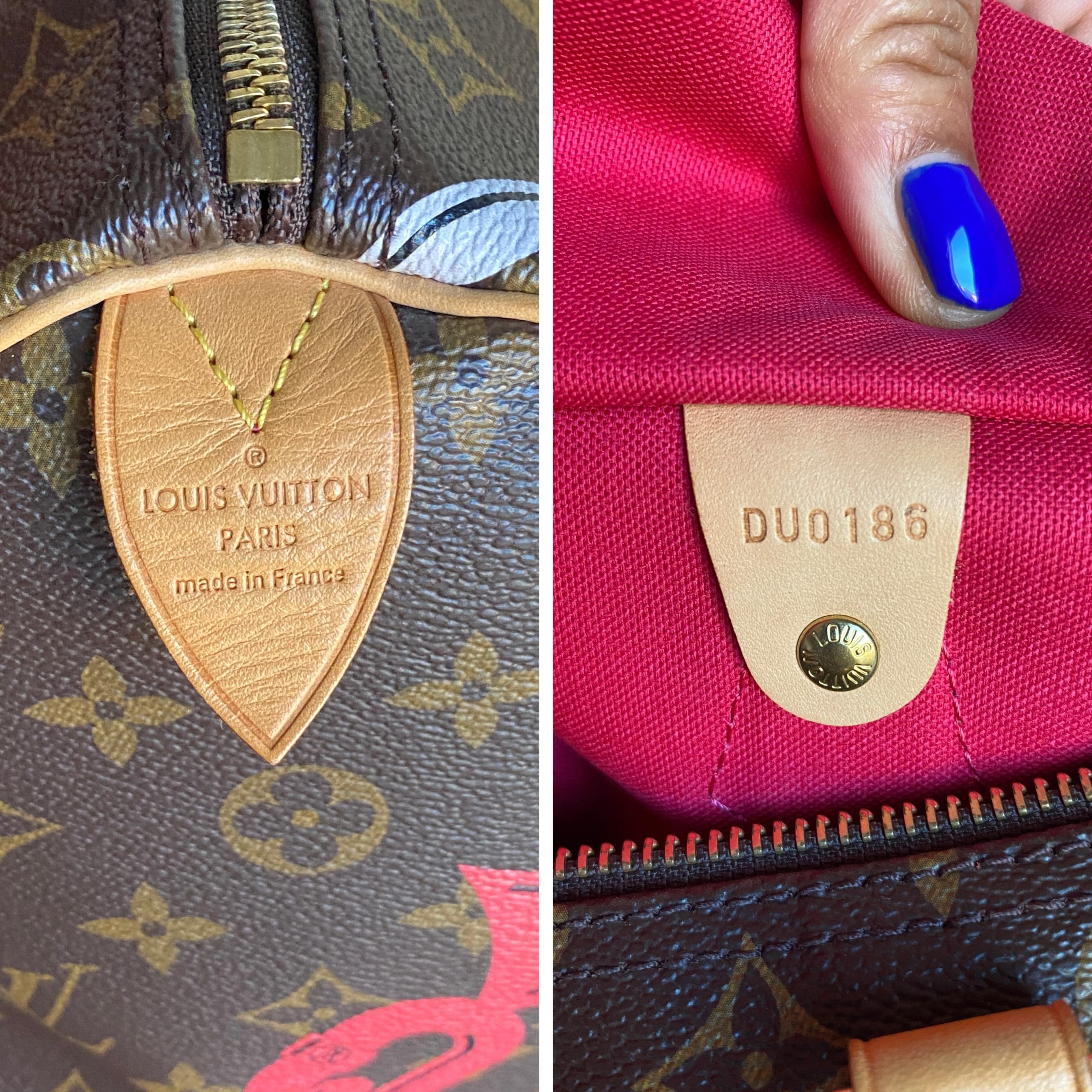 Poppyhearts' elegant peach color flower chain on customer's LV bag