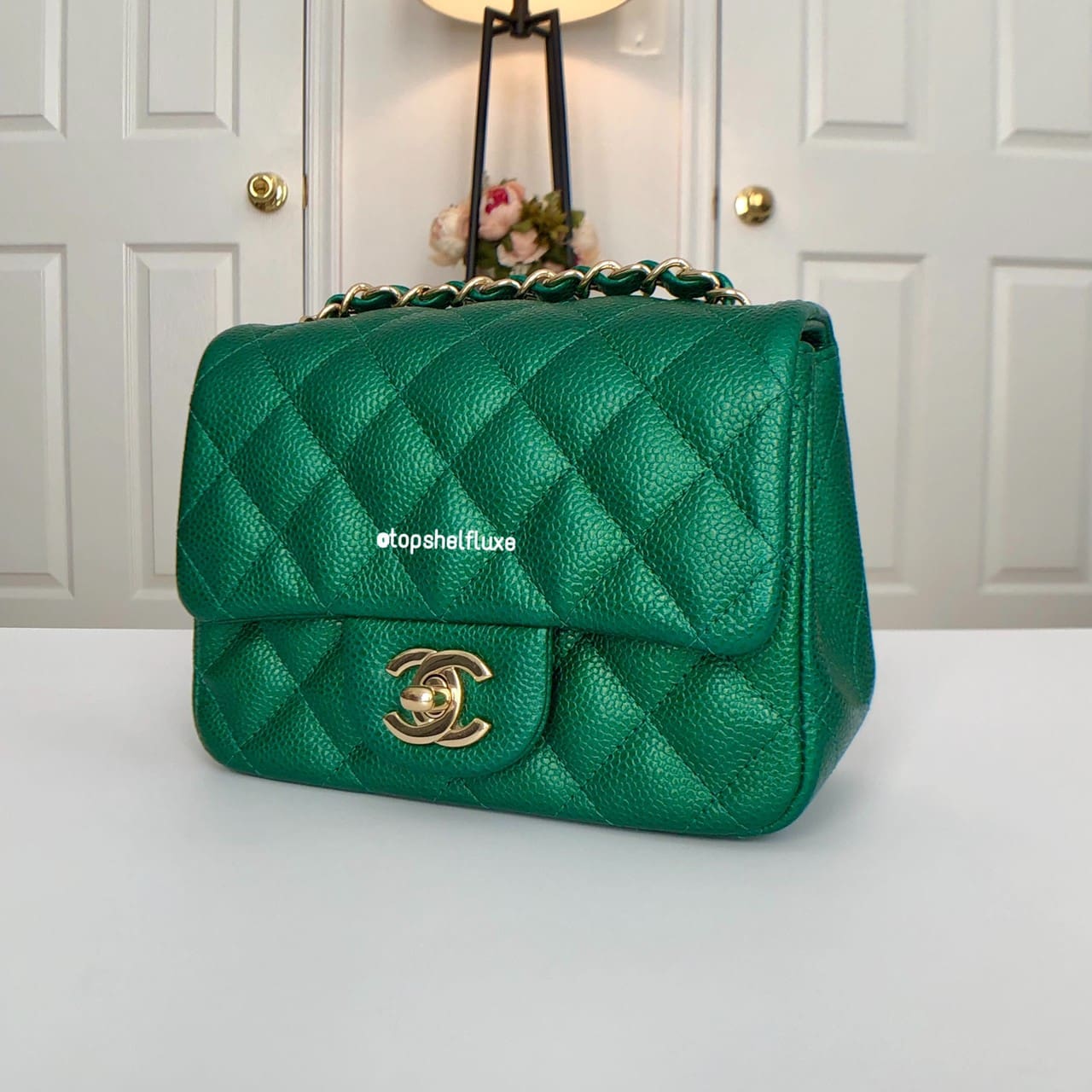 Chanel Classic Mini Square, 18S Emerald Green Cavwith Gold