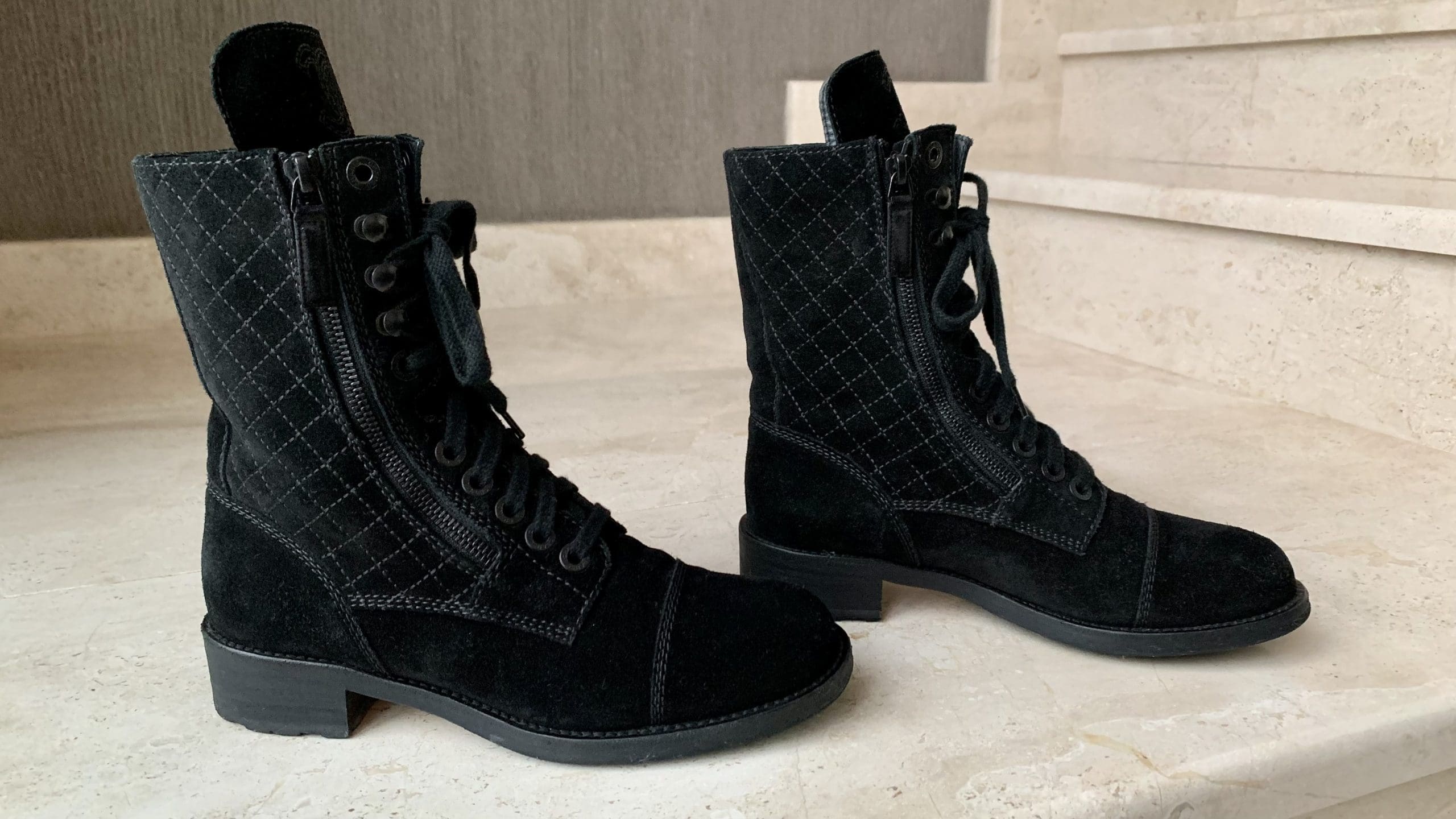 Vintage Chanel Black Leather Combat Boots Quilted Ankle and CCs 8/38