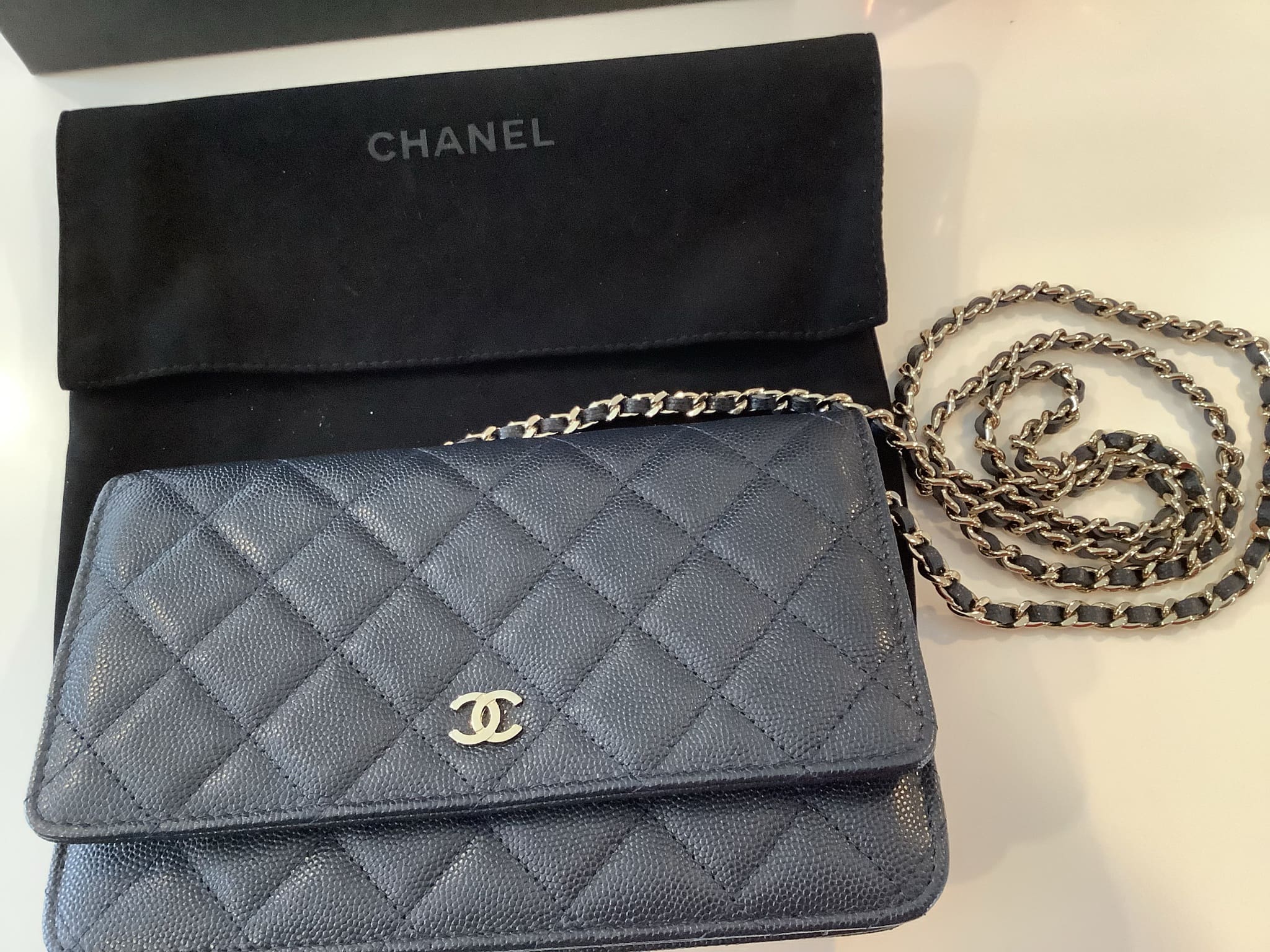 chanel navy wallet on chain