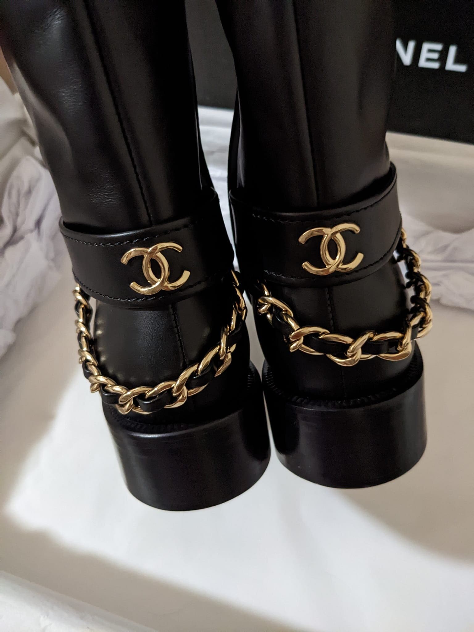 Chanel 16B Black Cap Toe Ankle Boots with White Chain CC Heel  375  I  MISS YOU VINTAGE