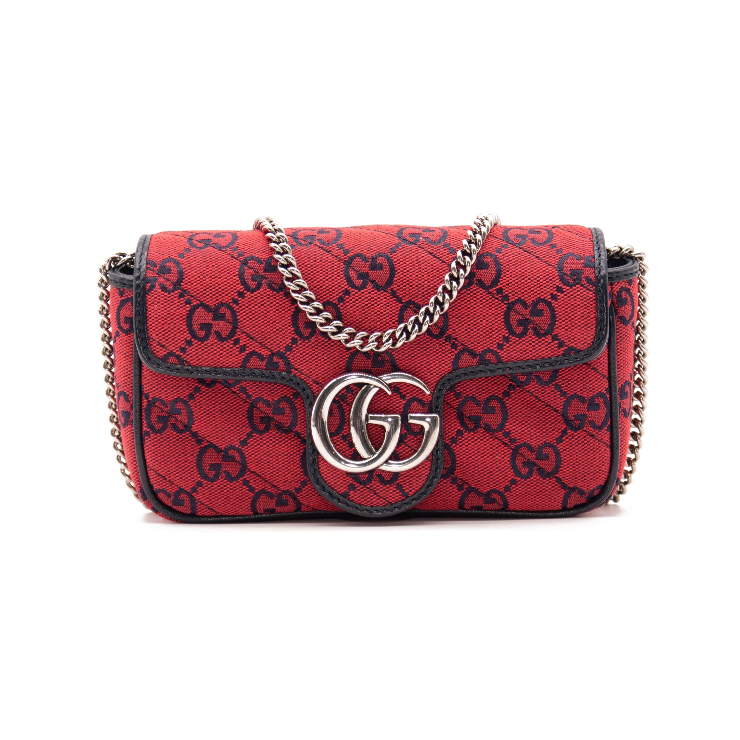 Gucci New Auth Red Leather GG Marmont Metelasse Super Mini Chain