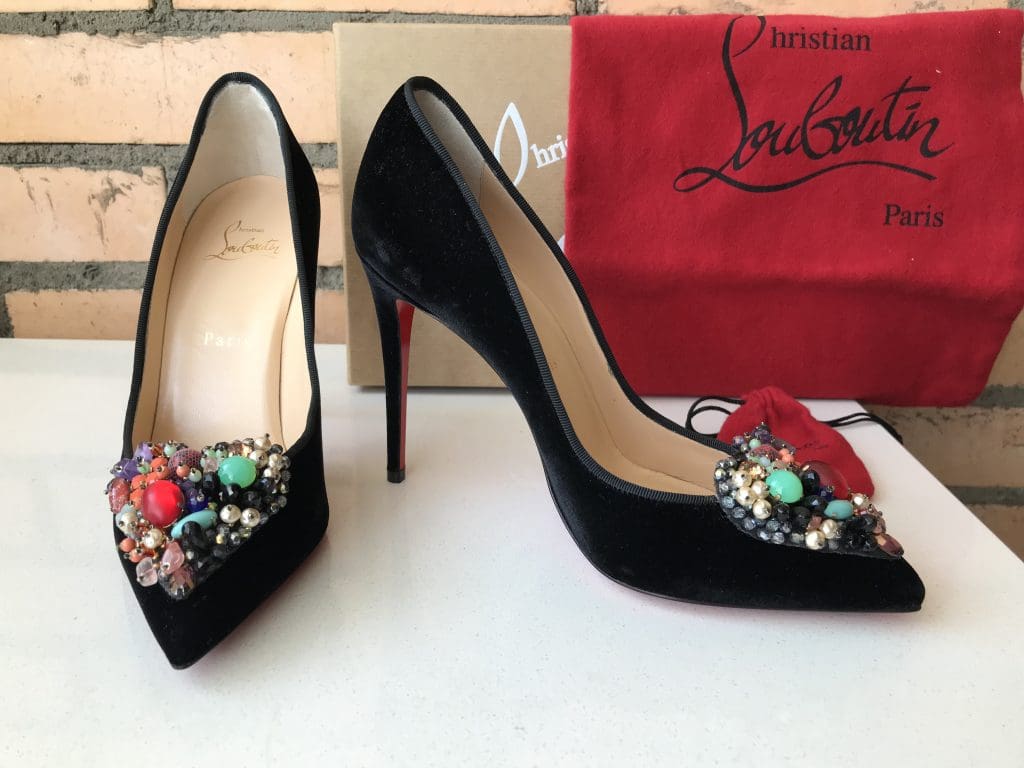 Christian Louboutin Diva Cora 100 Stone Strass Heart Black Velvet