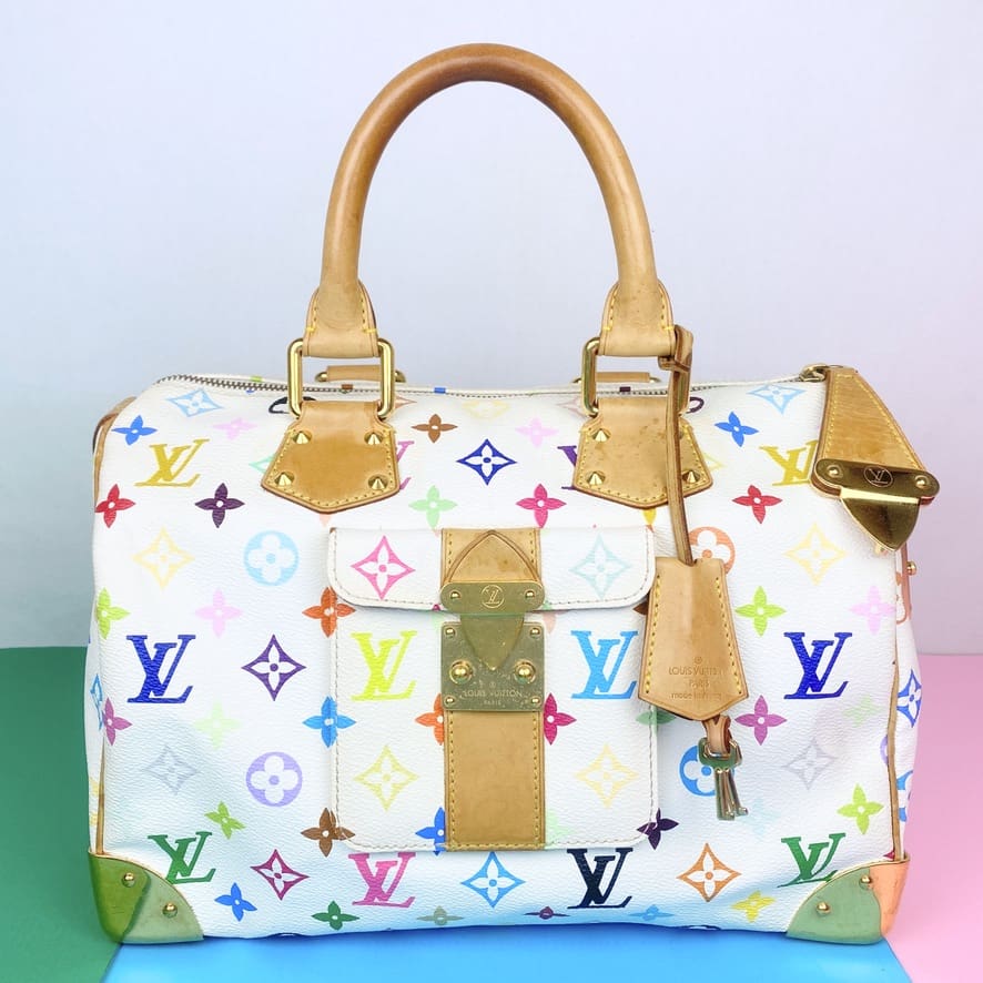 Authentic Louis Vuitton White Multicolore Murakami Speedy 30 Handbag,   $1,500