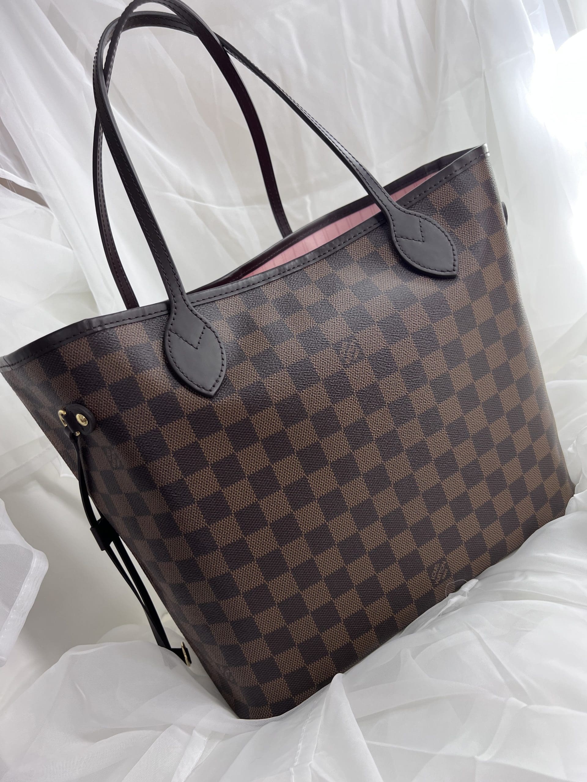 Louis Vuitton bag Neverfull MM checkered ebony, pink ballerina interior  with pouch, Customized Pink Panther by PatBo Brown Leather Cloth  ref.159741 - Joli Closet